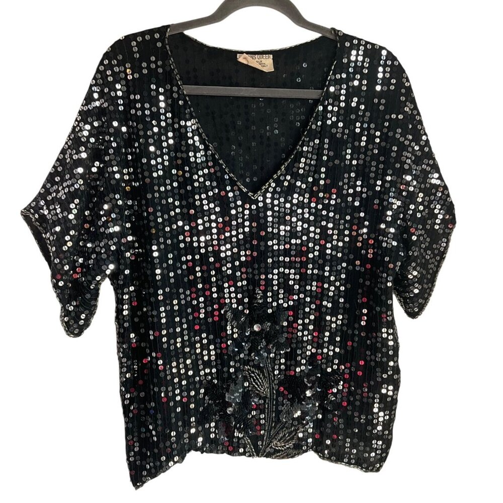 VTG Sequins Queen Medium Silk Beaded Top Black Silver Sequin Floral Embellished*